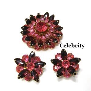 Vintage Celebrity Pink Purple Rhinestone Brooch Earring Set Gold Tone